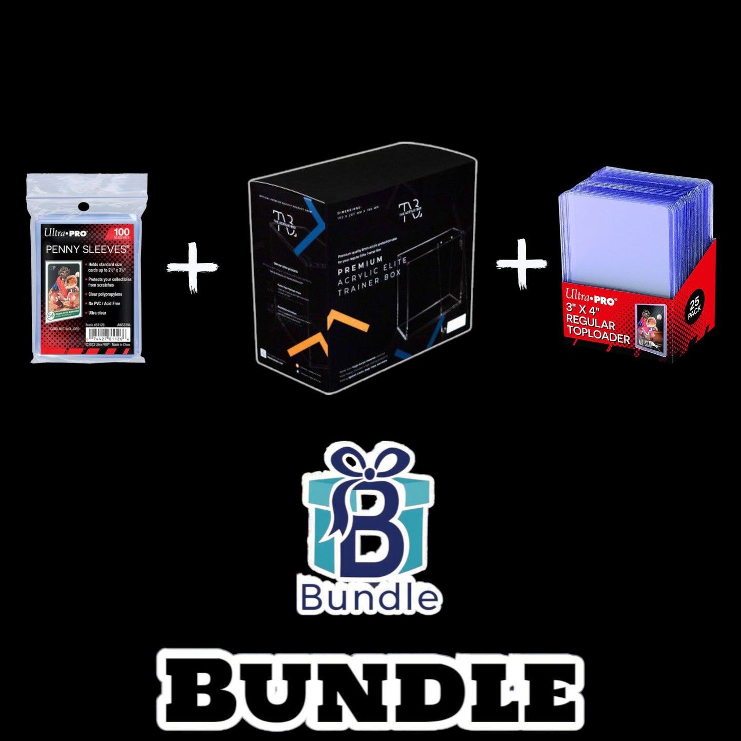 BUNDLE  Pack 100 Sleeve ULTRA-PRO + Case Protettivo in Acrilico, Magnetico INDISTRUTTIBILE (PER ETB) + Pack 25 Toploader ULTRA-PRO